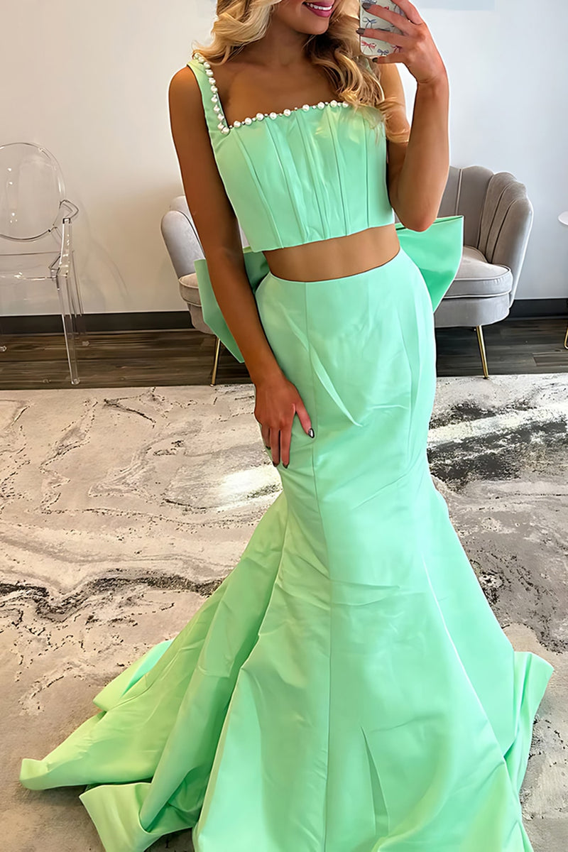 Load image into Gallery viewer, Green Mermaid 2 Piece Long Prom Dress with Bow