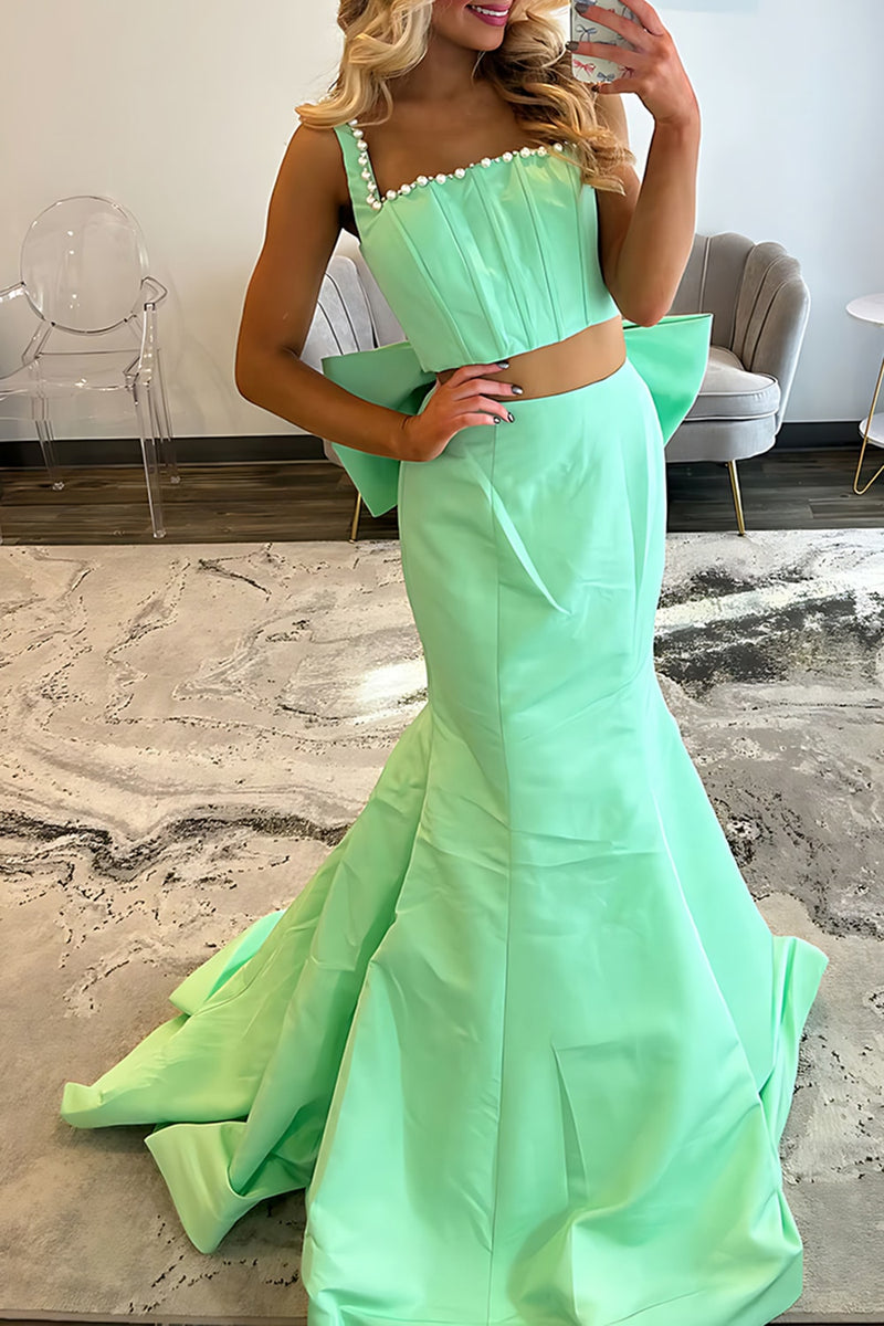 Load image into Gallery viewer, Green Mermaid 2 Piece Long Prom Dress with Bow