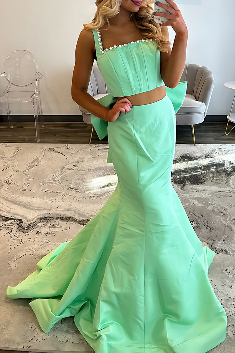Load image into Gallery viewer, Green Mermaid 2 Piece Long Prom Dress with Bow