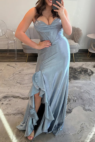 Sparkly Grey Blue Mermaid Spaghetti Straps Long Corset Prom Dress with Slit