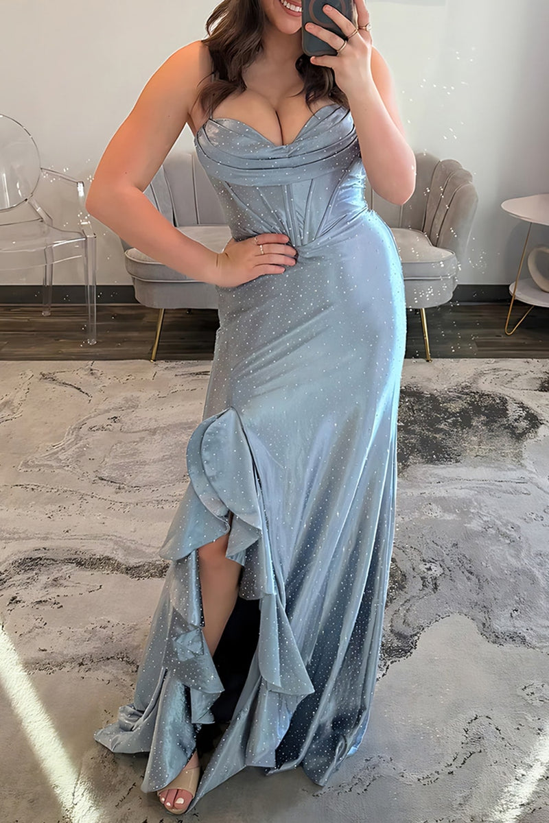 Load image into Gallery viewer, Sparkly Grey Blue Mermaid Spaghetti Straps Long Corset Prom Dress with Slit