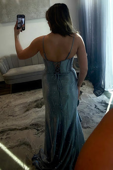 Sparkly Grey Blue Mermaid Spaghetti Straps Long Corset Prom Dress with Slit