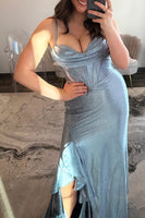 Load image into Gallery viewer, Sparkly Grey Blue Mermaid Spaghetti Straps Long Corset Prom Dress with Slit