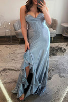Load image into Gallery viewer, Sparkly Grey Blue Mermaid Spaghetti Straps Long Corset Prom Dress with Slit