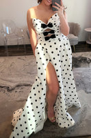 Load image into Gallery viewer, White Black Dot Sweetheart A Line Keyhole Long Prom Dress with Slit
