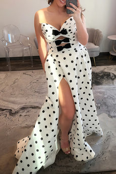 White Black Dot Sweetheart A Line Keyhole Long Prom Dress with Slit
