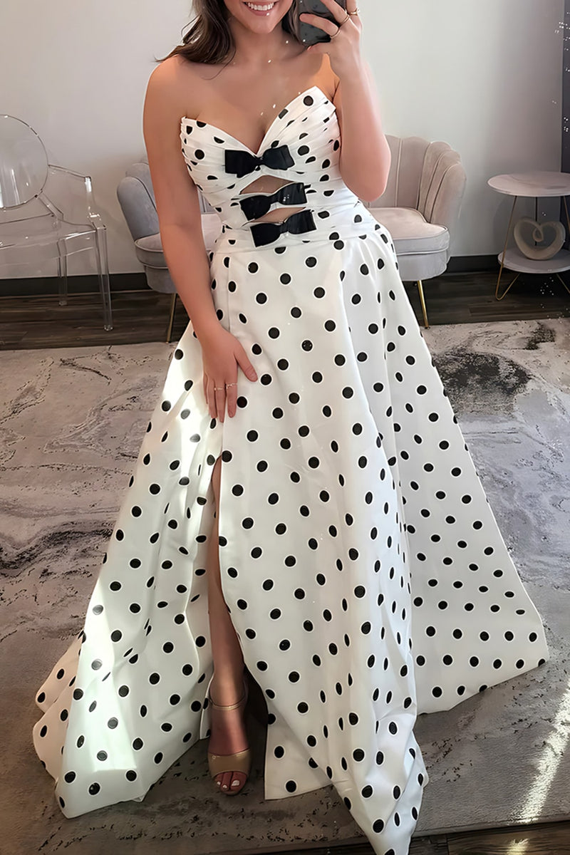 Load image into Gallery viewer, White Black Dot Sweetheart A Line Keyhole Long Prom Dress with Slit