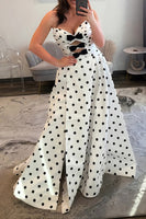 Load image into Gallery viewer, White Black Dot Sweetheart A Line Keyhole Long Prom Dress with Slit