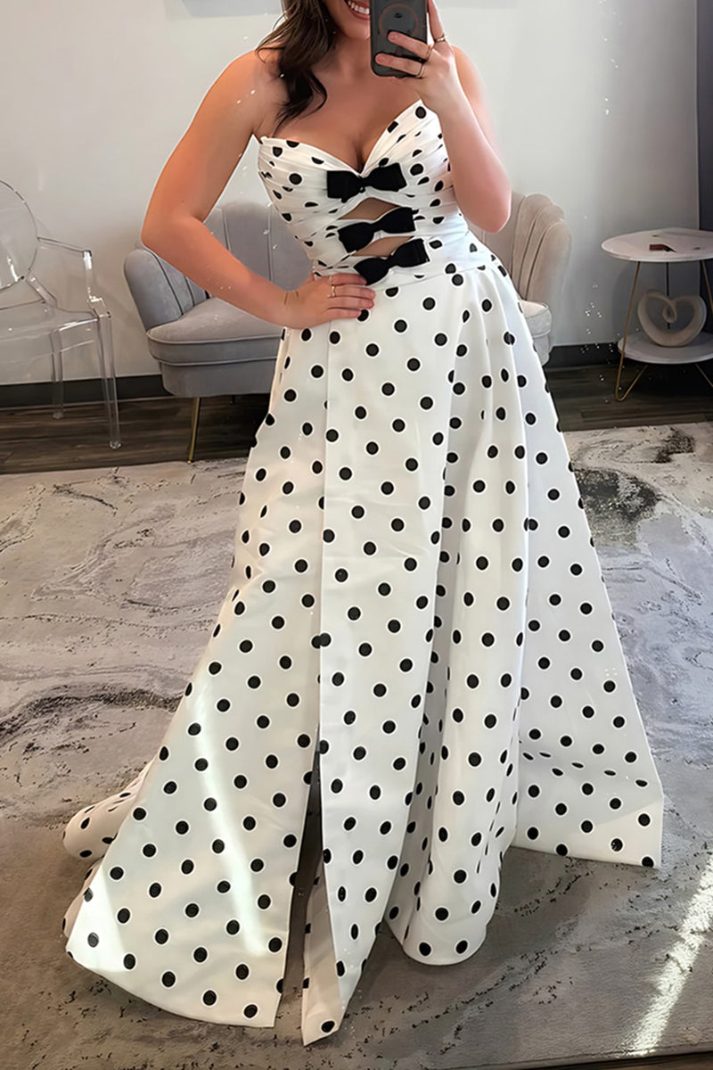 Load image into Gallery viewer, White Black Dot Sweetheart A Line Keyhole Long Prom Dress with Slit
