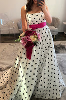 Load image into Gallery viewer, White Black Dot A Line Square Neck Long Prom Dress with Bow