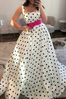 Load image into Gallery viewer, White Black Dot A Line Square Neck Long Prom Dress with Bow