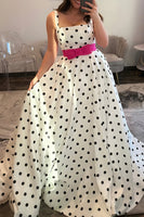 Load image into Gallery viewer, White Black Dot A Line Square Neck Long Prom Dress with Bow