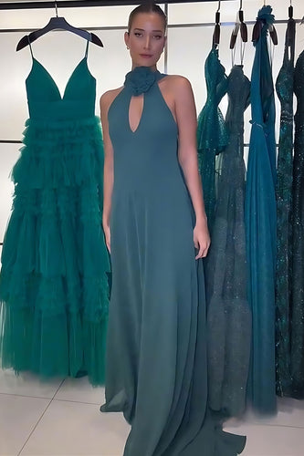 Peacock Green Halter Sheath Keyhole Long Prom Dress