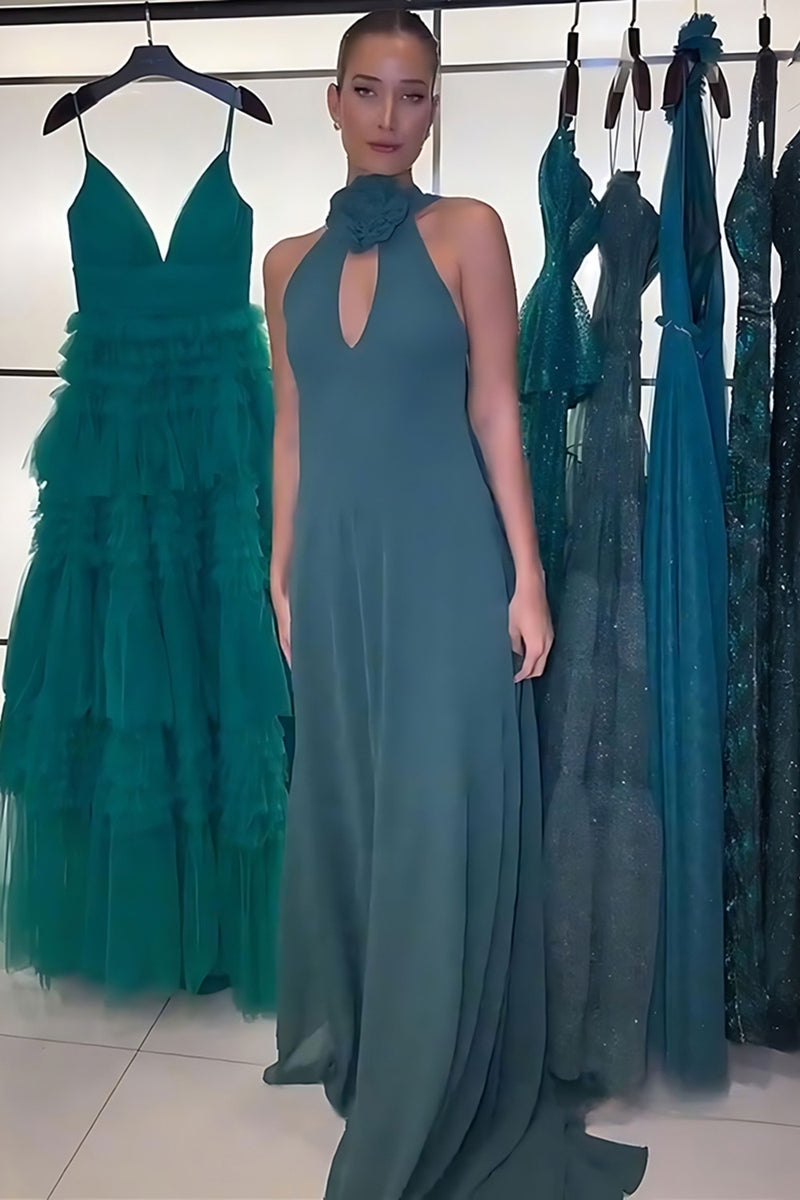 Load image into Gallery viewer, Peacock Green Halter Sheath Keyhole Long Prom Dress