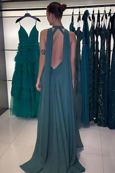Peacock Green Halter Sheath Keyhole Long Prom Dress