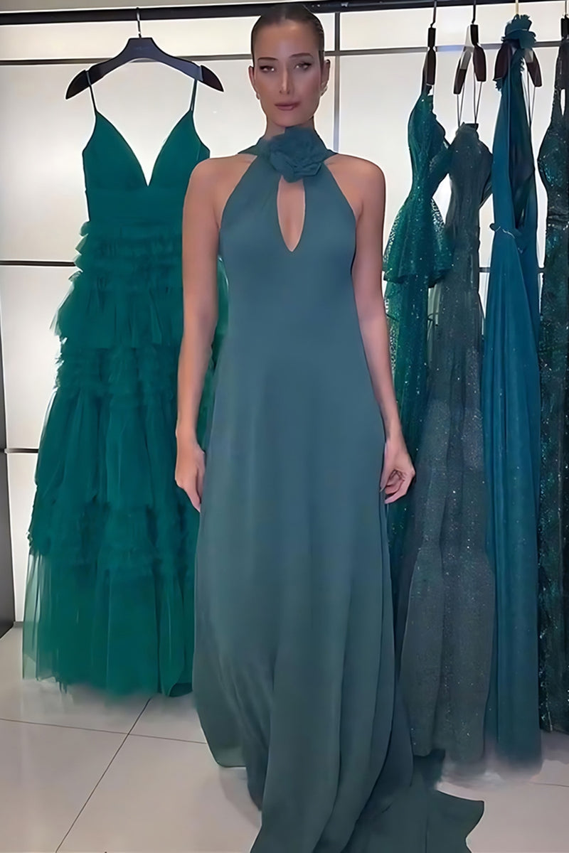 Load image into Gallery viewer, Peacock Green Halter Sheath Keyhole Long Prom Dress