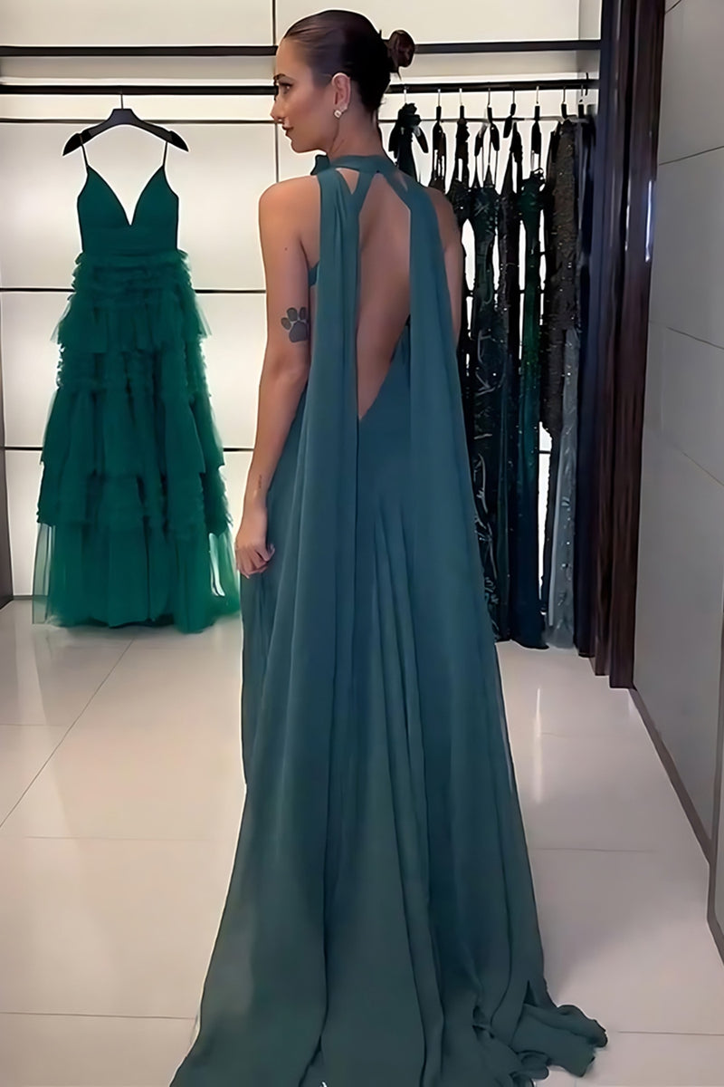 Load image into Gallery viewer, Peacock Green Halter Sheath Keyhole Long Prom Dress