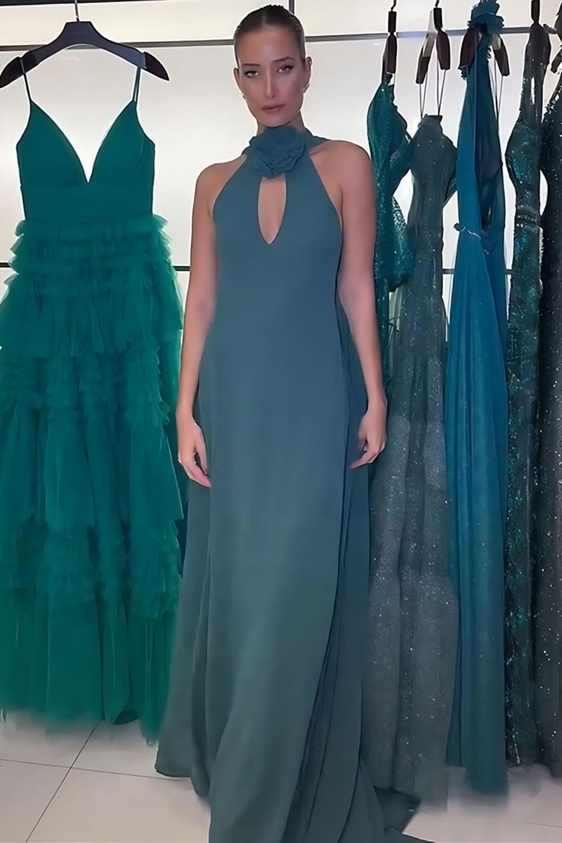 Load image into Gallery viewer, Peacock Green Halter Sheath Keyhole Long Prom Dress