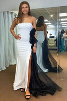 Load image into Gallery viewer, White Satin Mermaid Strapless Long Prom Dress with Side Cape