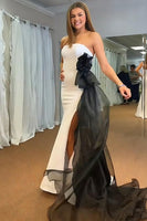 Load image into Gallery viewer, White Satin Mermaid Strapless Long Prom Dress with Side Cape