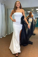 Load image into Gallery viewer, White Satin Mermaid Strapless Long Prom Dress with Side Cape