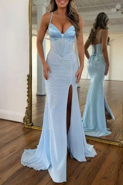 Sparkly Blue Mermaid Spaghetti Straps Long Corset Prom Dress with Slit