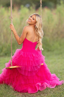 Load image into Gallery viewer, Fuchsia Tulle Ball Gown Strapless Long Prom Dress with Keyhole