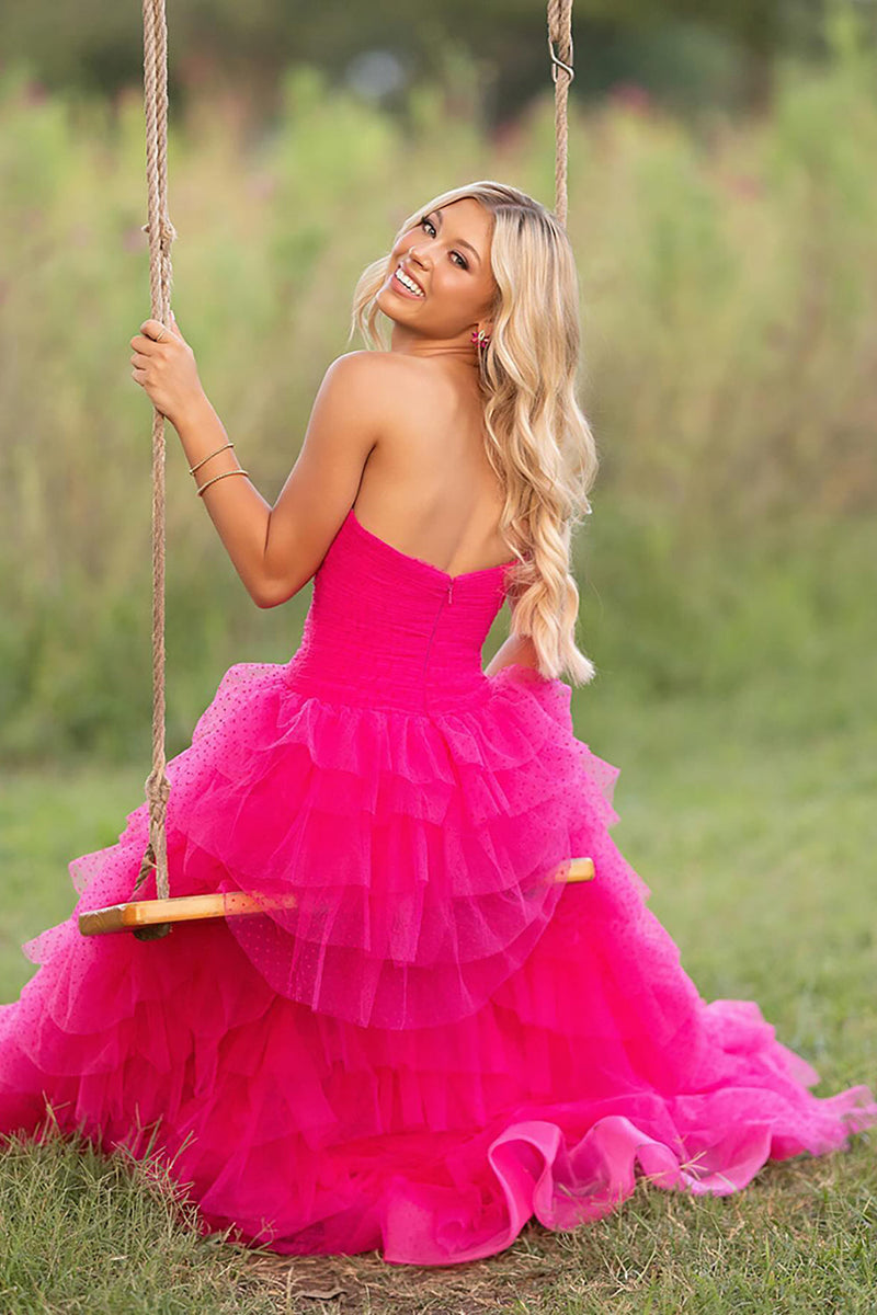 Load image into Gallery viewer, Fuchsia Tulle Ball Gown Strapless Long Prom Dress with Keyhole