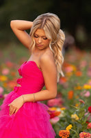Load image into Gallery viewer, Fuchsia Tulle Ball Gown Strapless Long Prom Dress with Keyhole
