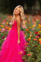 Load image into Gallery viewer, Fuchsia Tulle Ball Gown Strapless Long Prom Dress with Keyhole