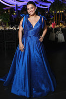 Load image into Gallery viewer, Sparkly Royal Blue A Line V Neck Long Prom Dress with Beading
