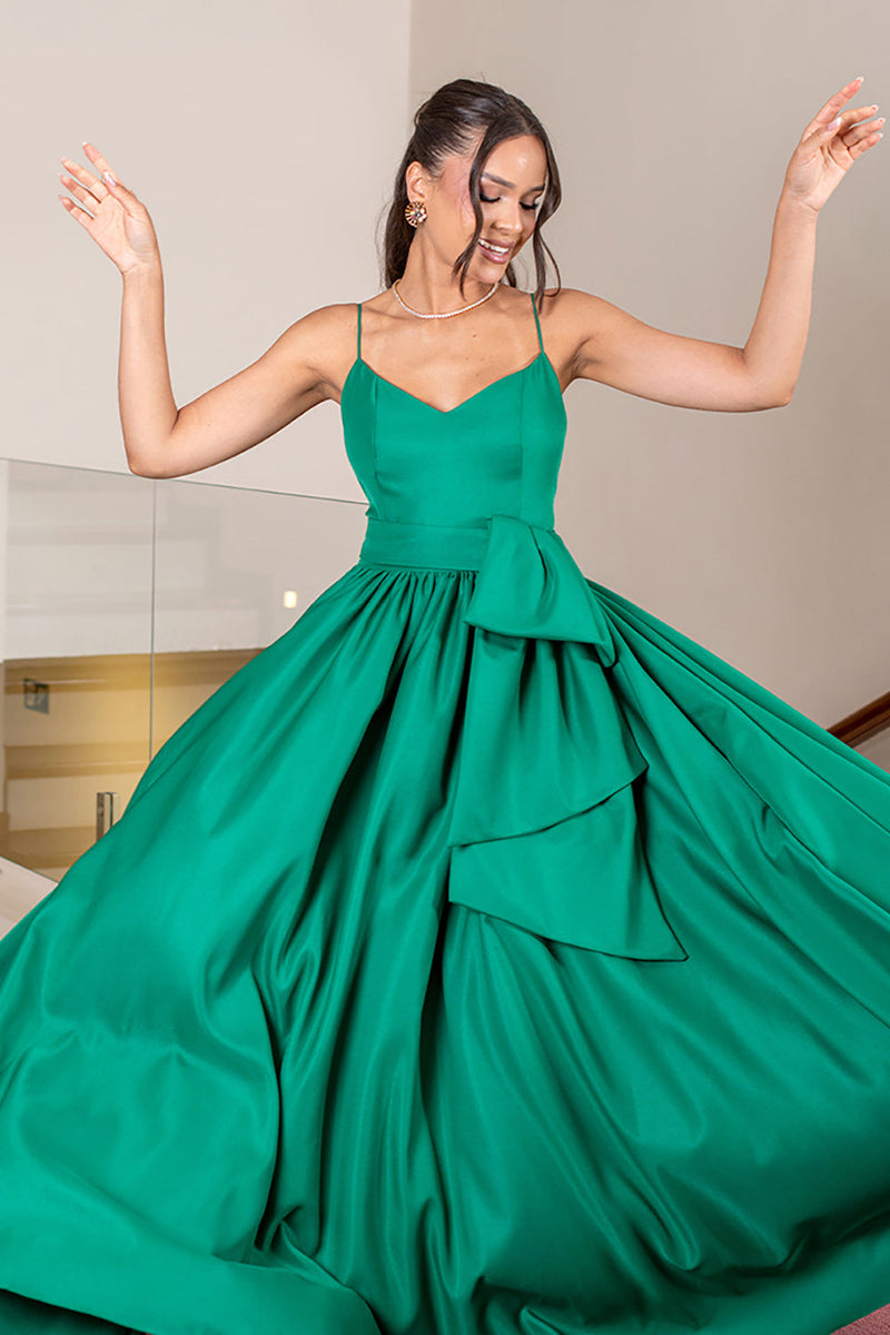 Load image into Gallery viewer, Spaghetti Straps Green Ball Gown Long Prom Dress with Sash