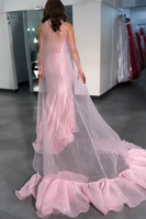 Load image into Gallery viewer, Sparkly Pink Sequin Floral Mermaid Long Prom Dress with Cape