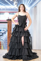 Load image into Gallery viewer, Pink Ruffled Spaghetti Straps Long Corset Prom Dress with Slit