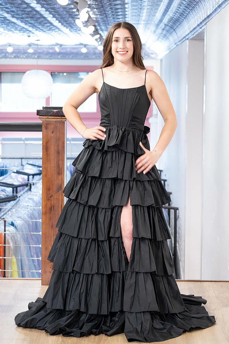 Load image into Gallery viewer, Pink Ruffled Spaghetti Straps Long Corset Prom Dress with Slit