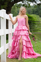 Load image into Gallery viewer, Pink Ruffled Spaghetti Straps Long Corset Prom Dress with Slit