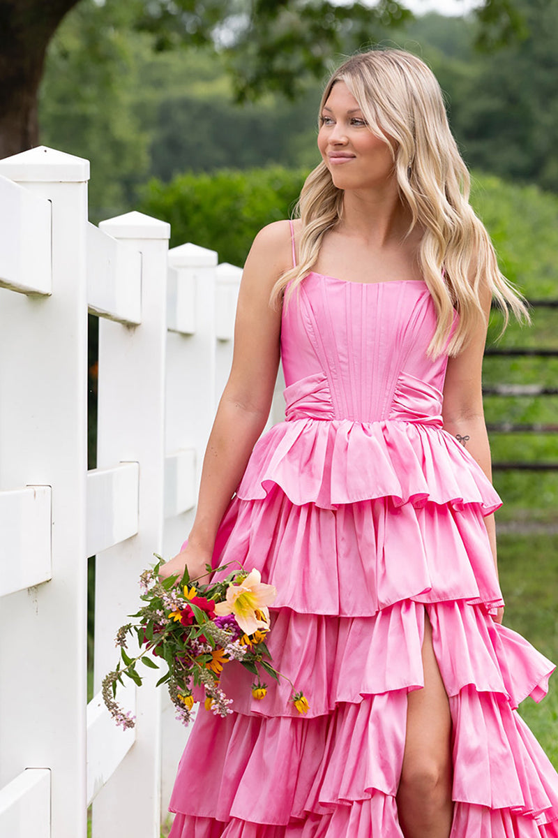 Load image into Gallery viewer, Pink Ruffled Spaghetti Straps Long Corset Prom Dress with Slit