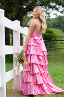 Load image into Gallery viewer, Pink Ruffled Spaghetti Straps Long Corset Prom Dress with Slit