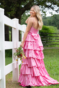 Pink Ruffled Spaghetti Straps Long Corset Prom Dress with Slit