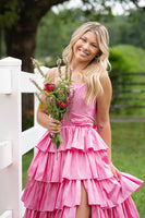 Load image into Gallery viewer, Pink Ruffled Spaghetti Straps Long Corset Prom Dress with Slit