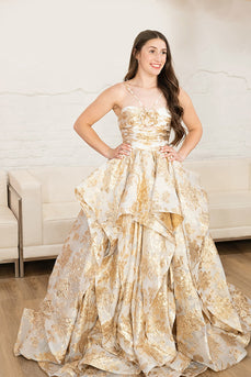 Sparkly Gold Appliqued Ball Gown Long Prom Dress with Bow
