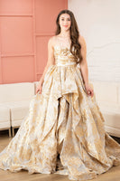 Load image into Gallery viewer, Sparkly Gold Appliqued Ball Gown Long Prom Dress with Bow