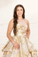 Load image into Gallery viewer, Sparkly Gold Appliqued Ball Gown Long Prom Dress with Bow