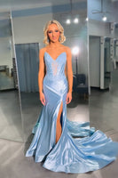 Load image into Gallery viewer, Sparkly Sky Blue Sweetheart Mermaid Long Corset Prom Dress with Keyhole