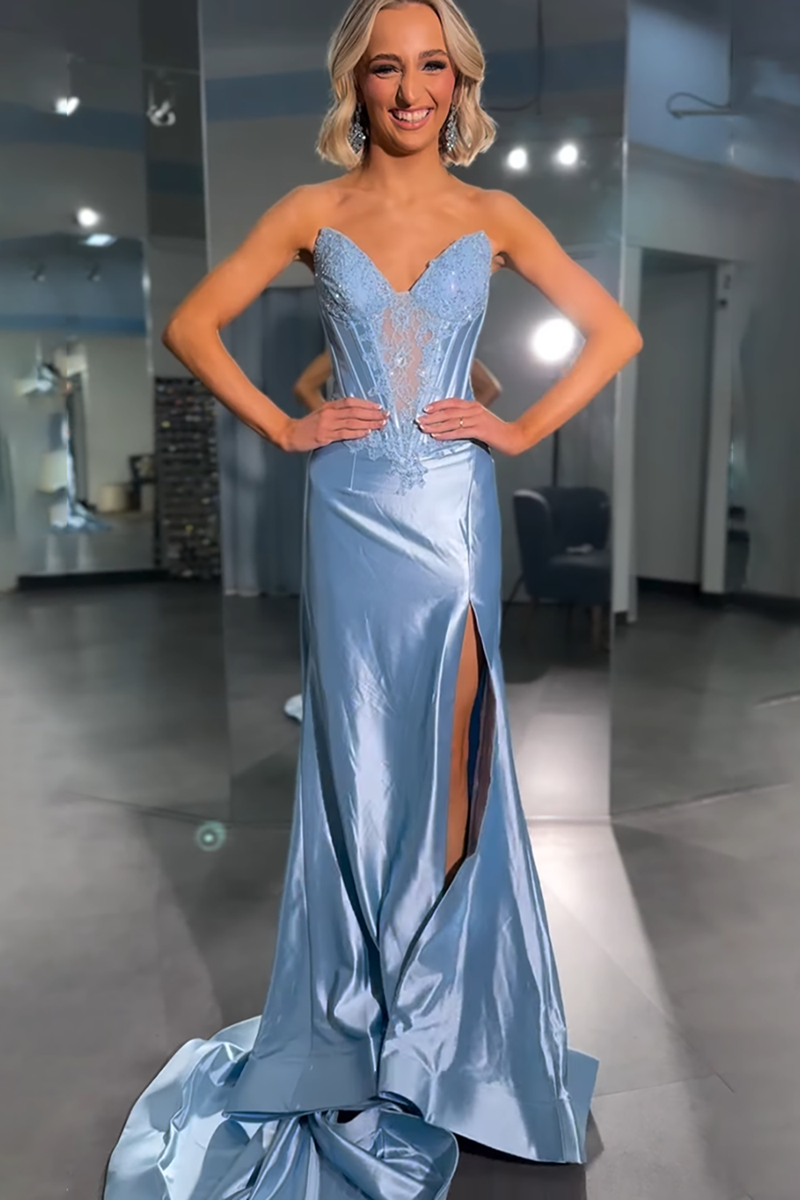 Load image into Gallery viewer, Sparkly Sky Blue Sweetheart Mermaid Long Corset Prom Dress with Keyhole