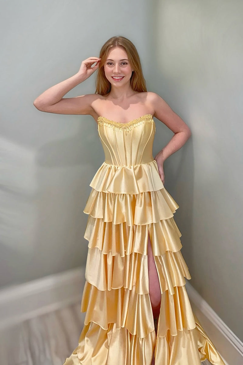Load image into Gallery viewer, Sparkly Yellow Ruffled Strapless Long Corset Prom Dress with Slit