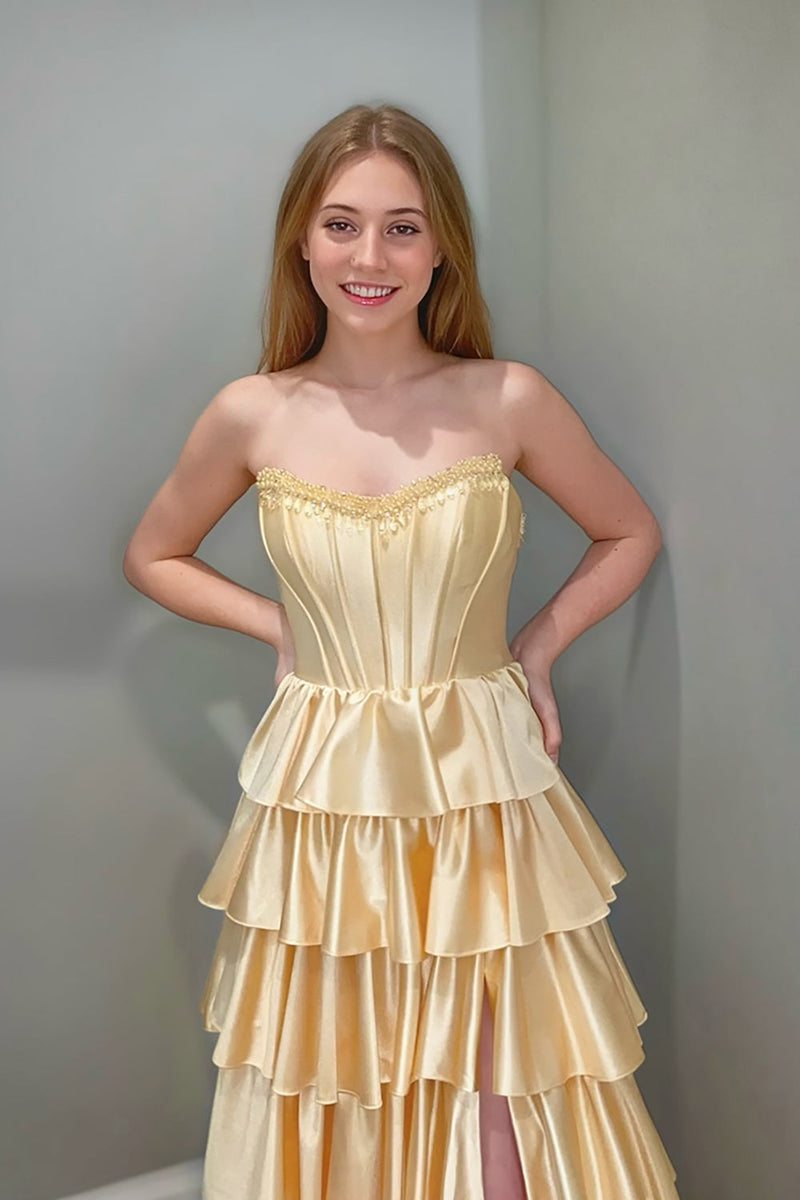 Load image into Gallery viewer, Sparkly Yellow Ruffled Strapless Long Corset Prom Dress with Slit
