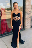 Load image into Gallery viewer, Sparkly Black Sheath Spaghetti Straps Long Corset Prom Dress with Slit