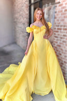 Load image into Gallery viewer, Yellow Off the Shoulder A Line Corset Long Prom Dress