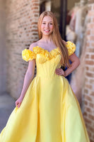 Load image into Gallery viewer, Yellow Off the Shoulder A Line Corset Long Prom Dress